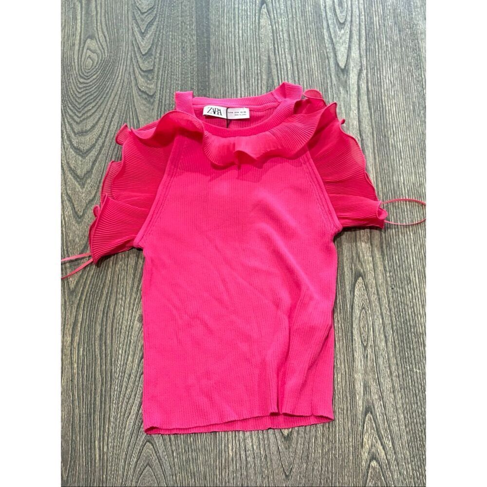 NWT Zara Womens Ruffled Knit Top Sleeveless Stretch Pullover Hot Pink Size M